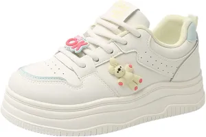 Women's Chunky Platform Sneakers with Bunny Charm Preppy Sport White Thick Sole Walking Skate Shoes Lace Up for Girl