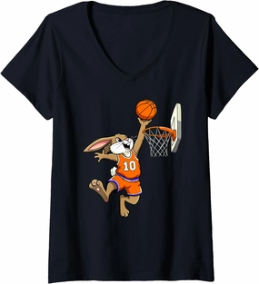 Womens Bunny Rabbit Playing Dunking Basketball Easter Dunk Kids V-Neck T-Shirt
