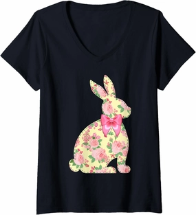 Womens Cute Plaid Bunny Stitch Artwork Bow - Buffalo Check Rabbit V-Neck T-Shirt
