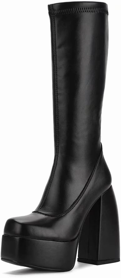 Womens Mid Calf Knee High Boots High Heel Round-Toe Side Zipper Punk Style Shoes Combat Boots For Women