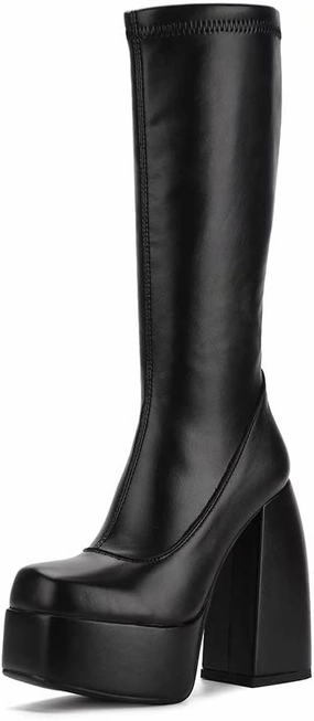Womens Mid Calf Knee High Boots High Heel Round-Toe Side Zipper Punk Style Shoes Combat Boots For Women