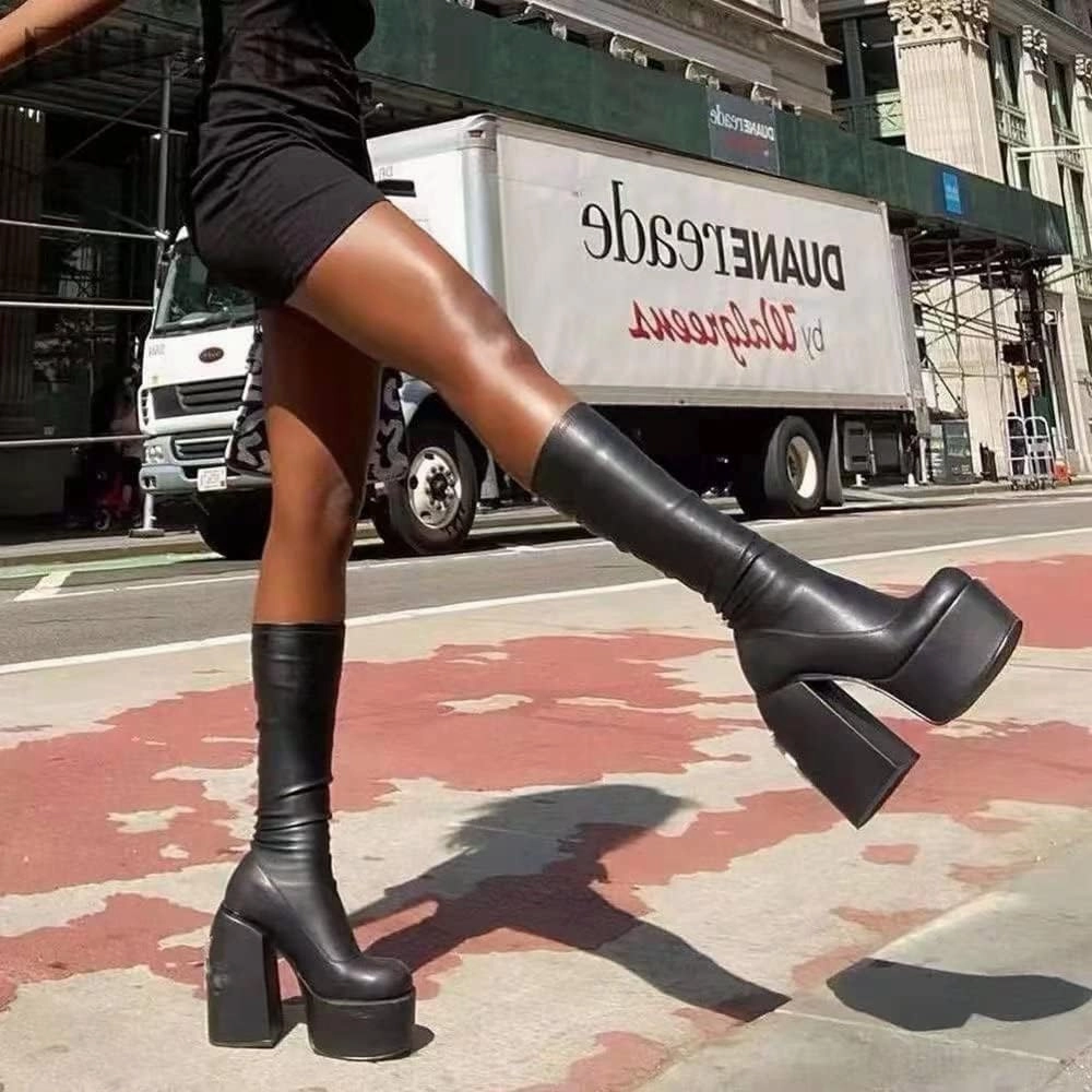 Womens Mid Calf Knee High Boots High Heel Round-Toe Side Zipper Punk Style Shoes Combat Boots For Women