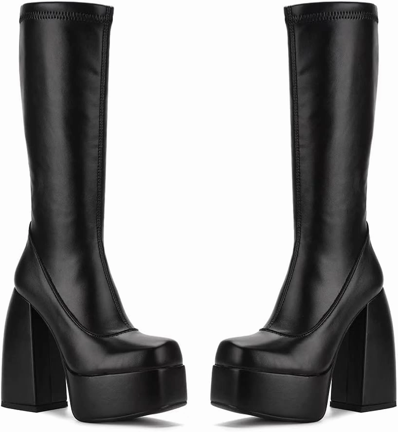 Womens Mid Calf Knee High Boots High Heel Round-Toe Side Zipper Punk Style Shoes Combat Boots For Women