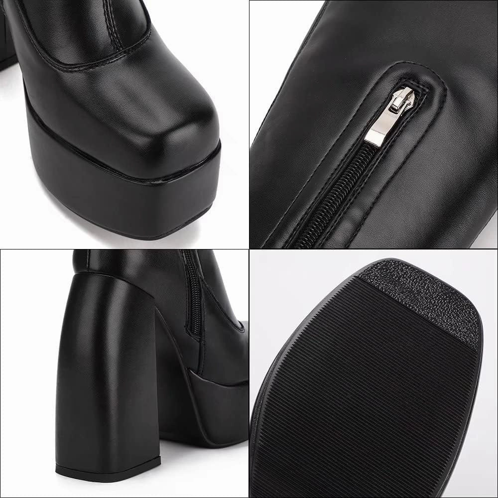 Womens Mid Calf Knee High Boots High Heel Round-Toe Side Zipper Punk Style Shoes Combat Boots For Women