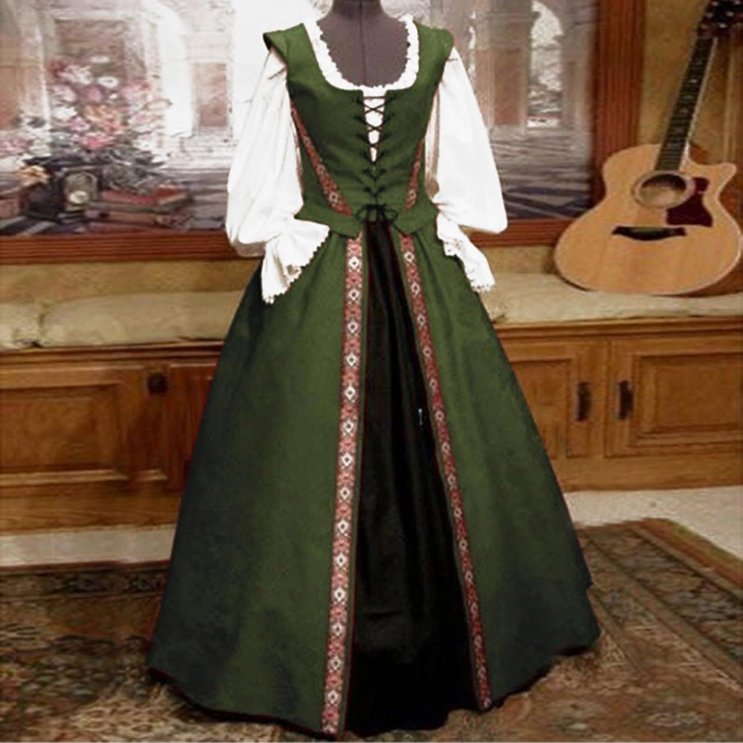 Womens Renaissance Dress 2023 Trendy Ruffle Bell Sleeve Square Neck Tie Up Dress Classic Vintage Victorian Dress