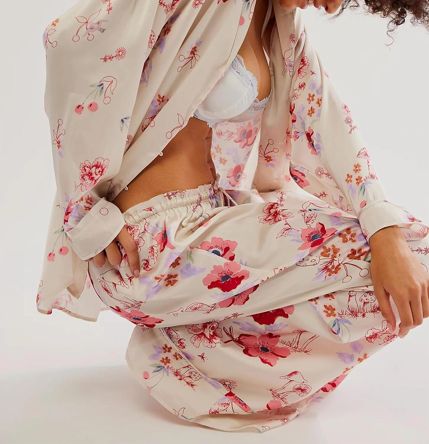 Womens Retro Floral Silk Cowgirl Pjs Satin Cute Wide Leg Pajama Pants Sets Girly Western Pajamas 2 Piece Loungewear