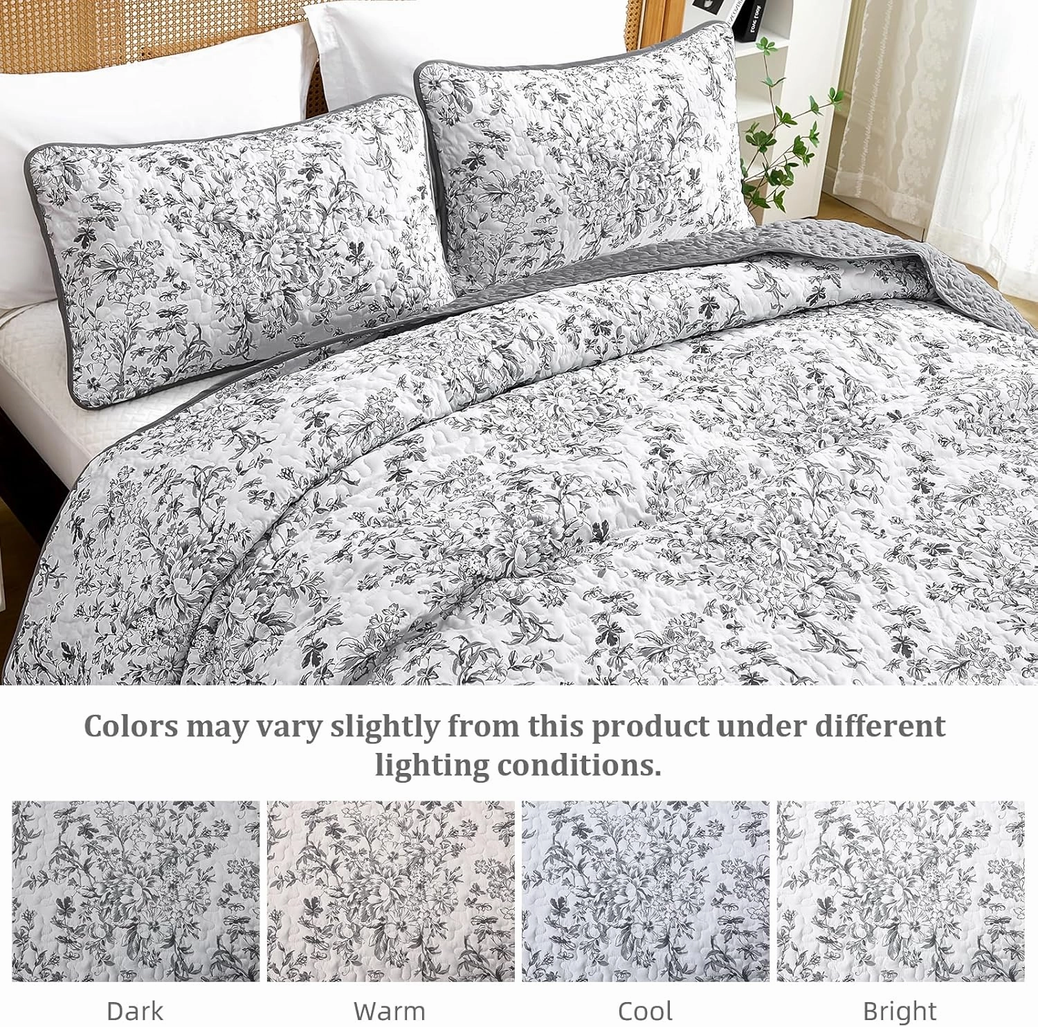 WONGS BDEEING Quilt King Size, Grey Quilt Bedding Set with 2 Pillowcases, Botanical Quilt for King Bed, Soft Microfiber Lightweight Coverlet Bedspread for All Season (110"×90", 3 Pieces)