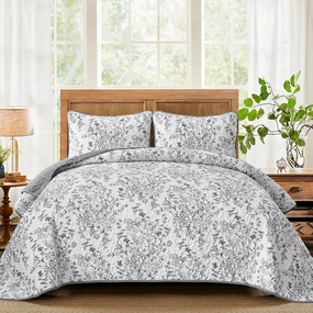 WONGS BDEEING Quilt King Size, Grey Quilt Bedding Set with 2 Pillowcases, Botanical Quilt for King Bed, Soft Microfiber Lightweight Coverlet Bedspread for All Season (110"×90", 3 Pieces)
