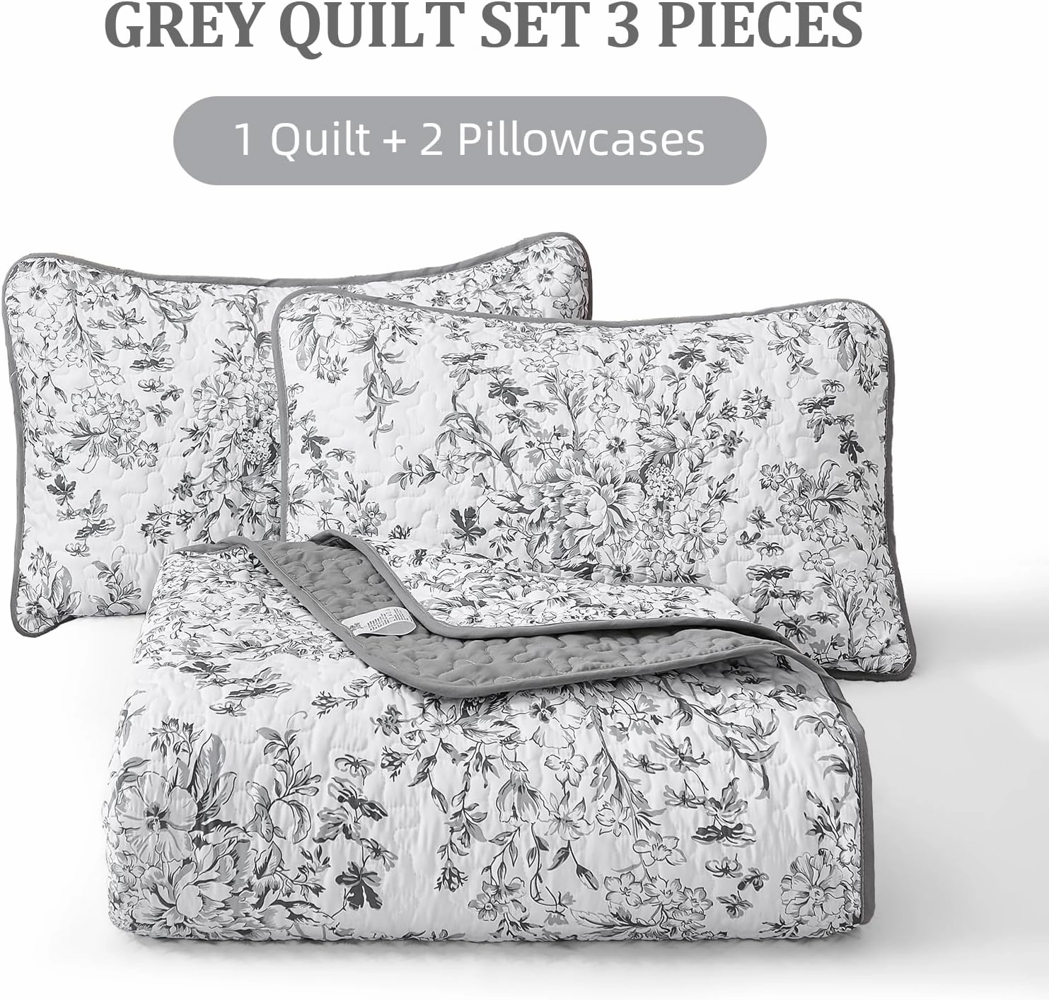 WONGS BDEEING Quilt King Size, Grey Quilt Bedding Set with 2 Pillowcases, Botanical Quilt for King Bed, Soft Microfiber Lightweight Coverlet Bedspread for All Season (110"×90", 3 Pieces)