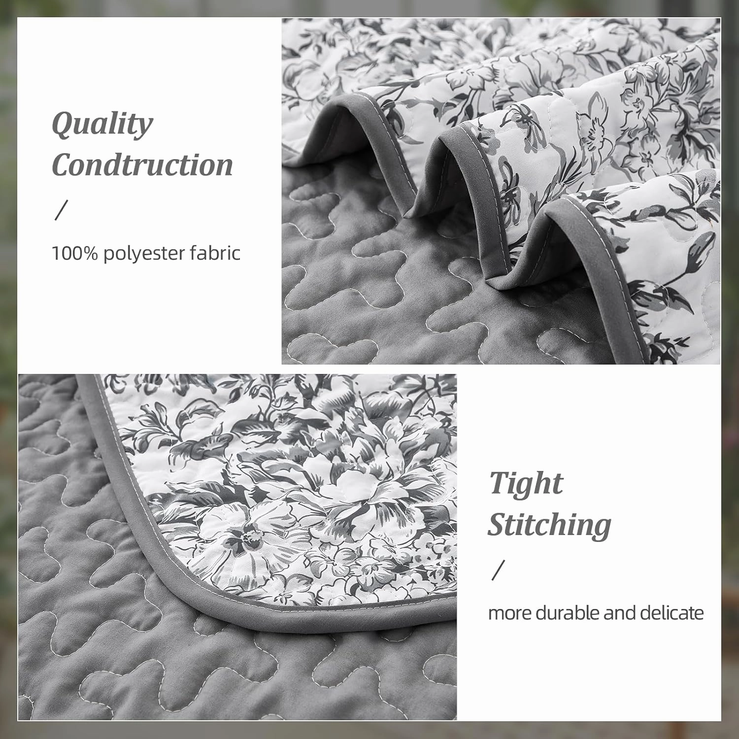 WONGS BDEEING Quilt King Size, Grey Quilt Bedding Set with 2 Pillowcases, Botanical Quilt for King Bed, Soft Microfiber Lightweight Coverlet Bedspread for All Season (110"×90", 3 Pieces)