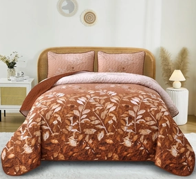 WONGS BEDDING Floral Quilt Set King Size,Fall Burnt Orange Botanical Leaves Print Bedspread Coverlet Set with 2 Pillowcases,Microfiber Farmhouse Bedding Set for All Season 104“x90