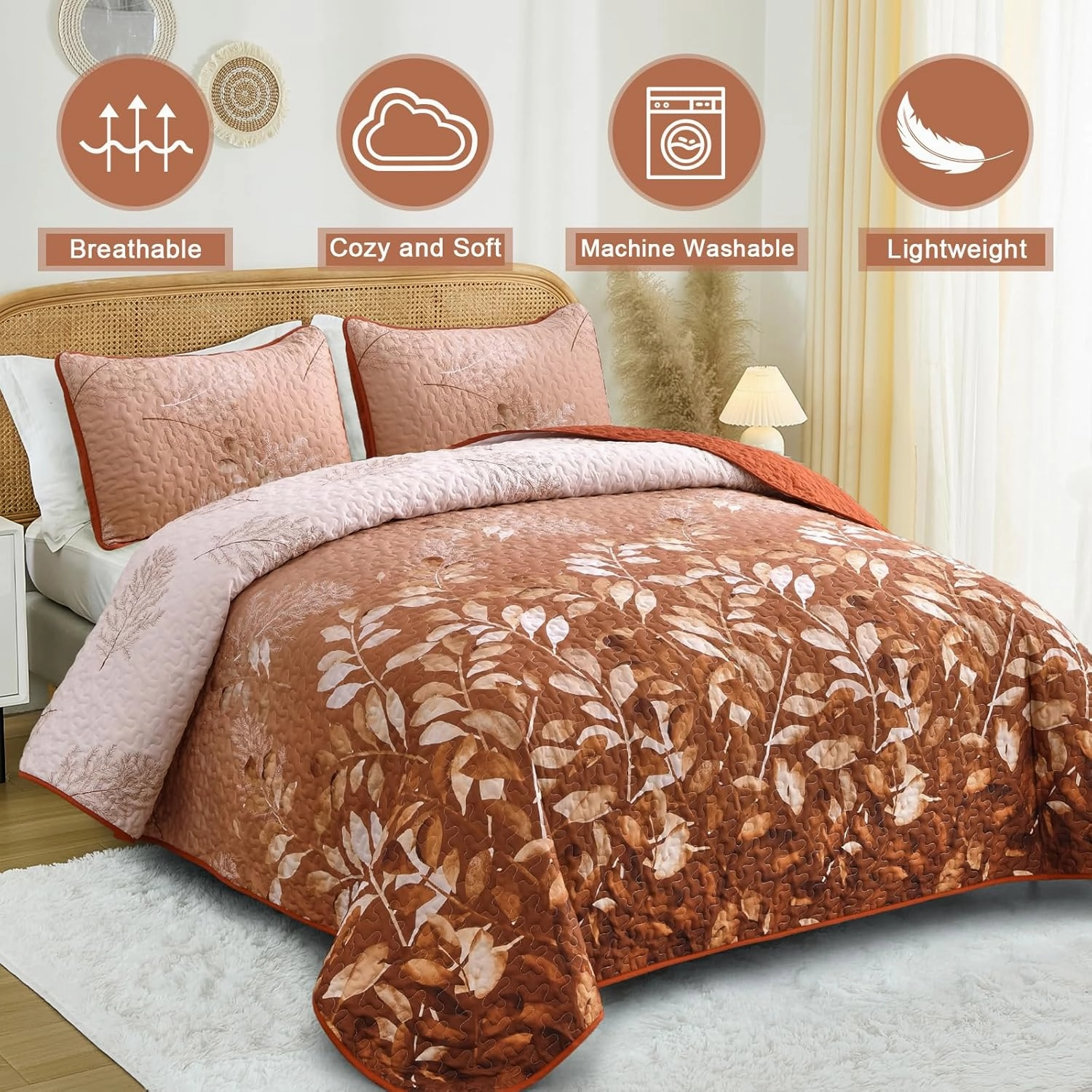 WONGS BEDDING Floral Quilt Set King Size,Fall Burnt Orange Botanical Leaves Print Bedspread Coverlet Set with 2 Pillowcases,Microfiber Farmhouse Bedding Set for All Season 104“x90