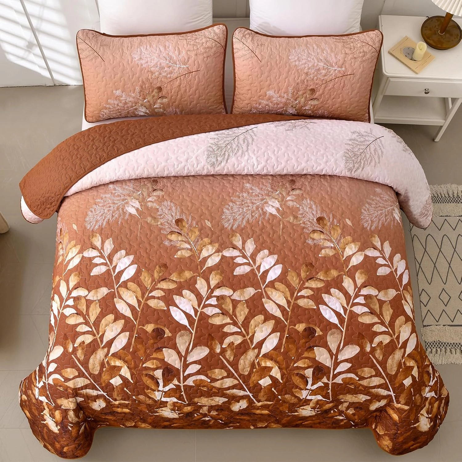 WONGS BEDDING Floral Quilt Set King Size,Fall Burnt Orange Botanical Leaves Print Bedspread Coverlet Set with 2 Pillowcases,Microfiber Farmhouse Bedding Set for All Season 104“x90