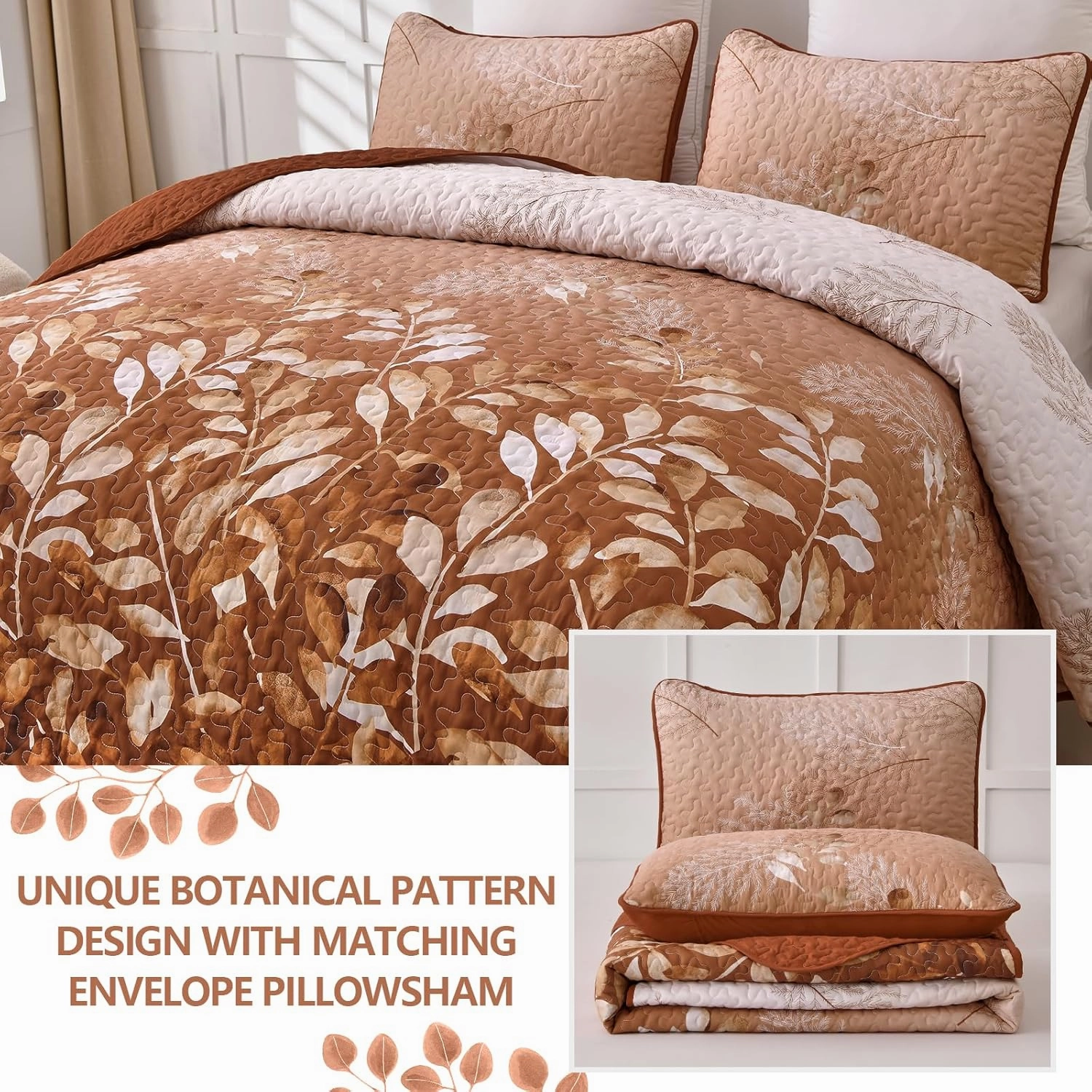 WONGS BEDDING Floral Quilt Set King Size,Fall Burnt Orange Botanical Leaves Print Bedspread Coverlet Set with 2 Pillowcases,Microfiber Farmhouse Bedding Set for All Season 104“x90