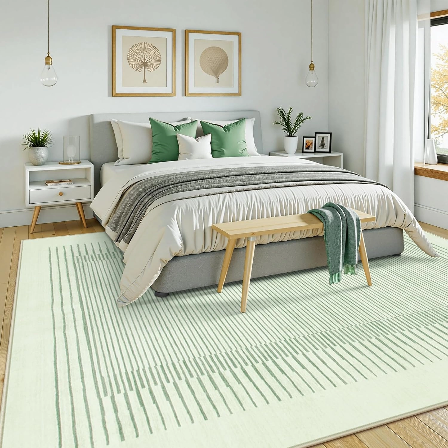 Wonnitar Washable Striped 5x7 Living Room Area Rug, Non-Slip Green Berber Stripe Rugs for Bedroom, Low Pile Soft Minimalist Floor Carpets for Kids Nursery Room Dining Room (Green,5' x 7')