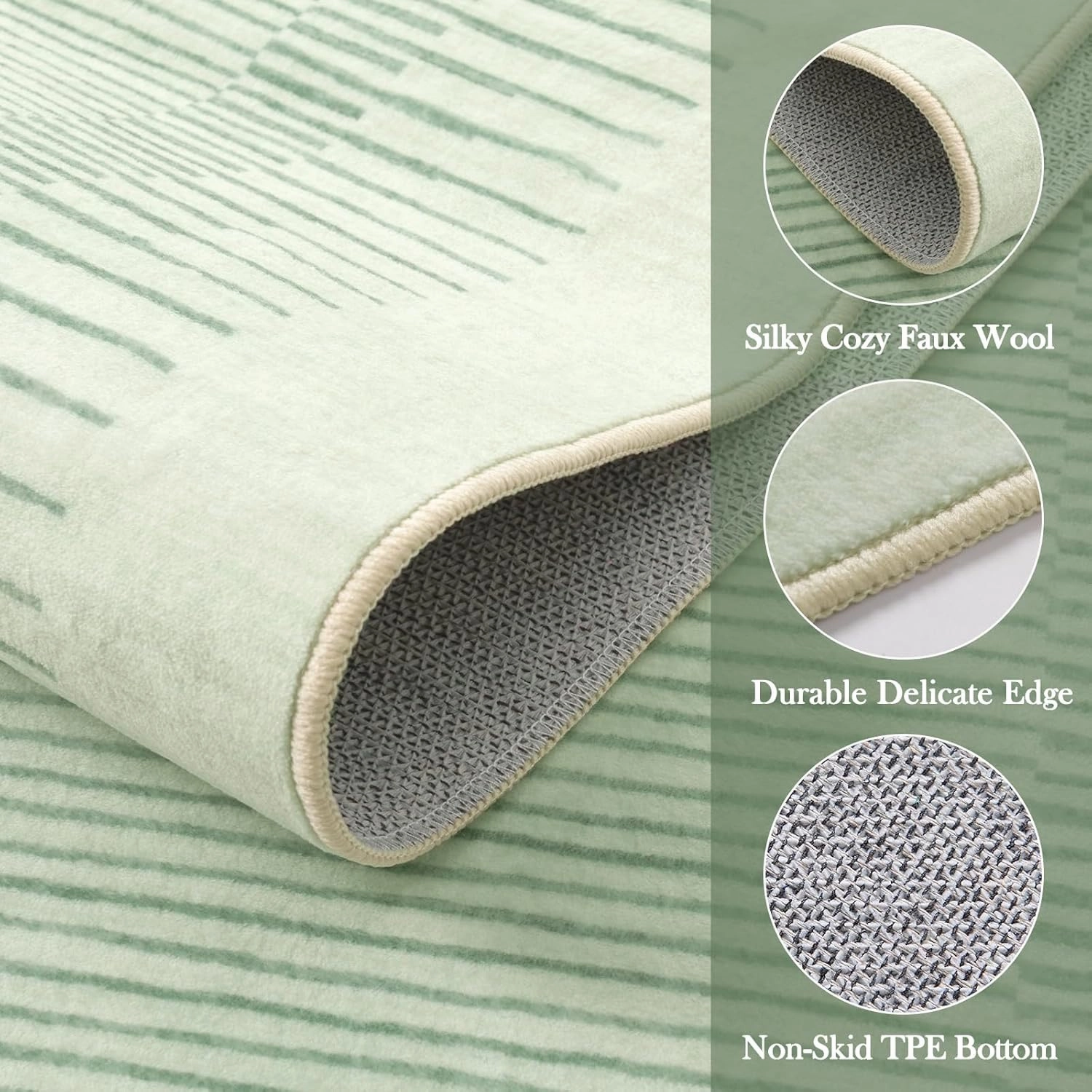 Wonnitar Washable Striped 5x7 Living Room Area Rug, Non-Slip Green Berber Stripe Rugs for Bedroom, Low Pile Soft Minimalist Floor Carpets for Kids Nursery Room Dining Room (Green,5' x 7')