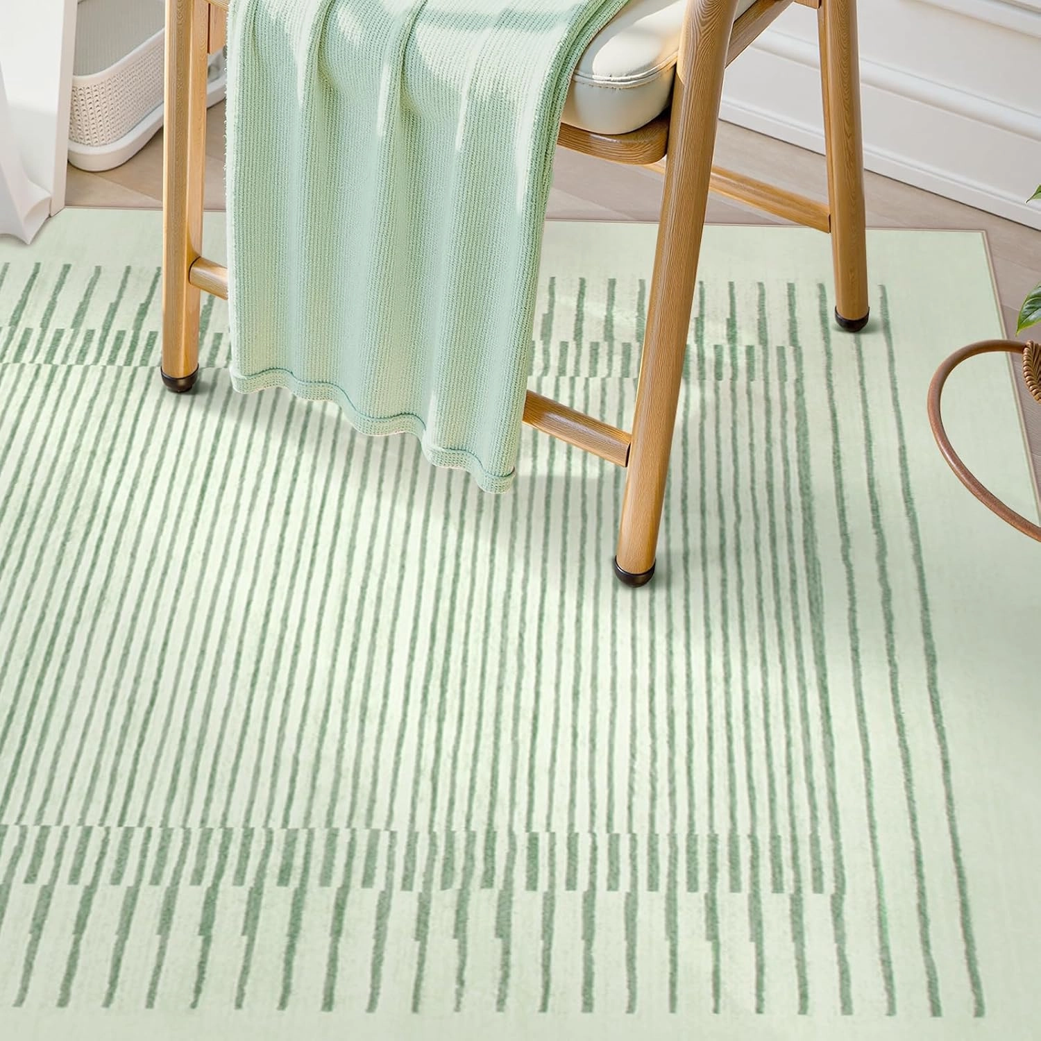 Wonnitar Washable Striped 5x7 Living Room Area Rug, Non-Slip Green Berber Stripe Rugs for Bedroom, Low Pile Soft Minimalist Floor Carpets for Kids Nursery Room Dining Room (Green,5' x 7')