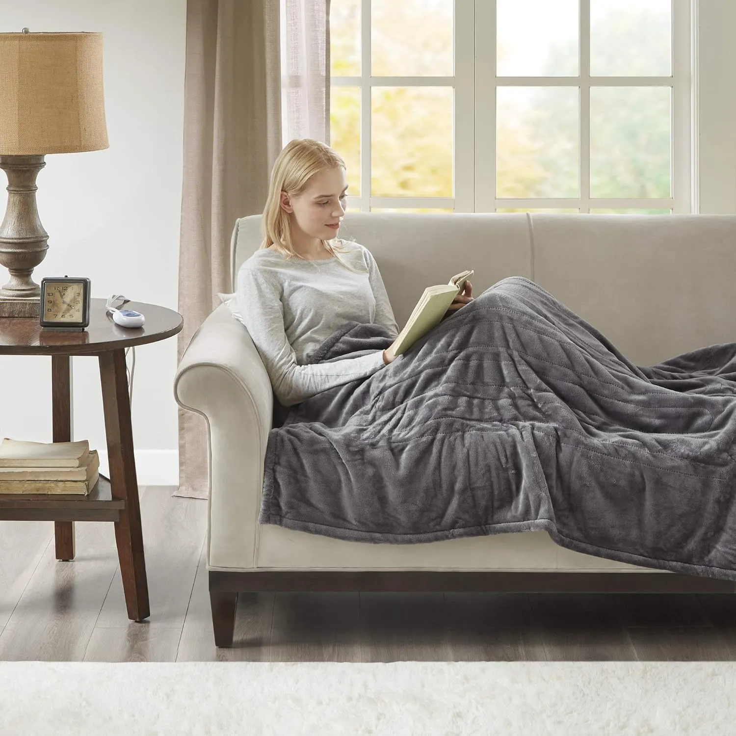 Woolrich Heated Plush to Berber Electric Blanket Throw Ultra Soft Knitted, Super Warm and Snuggly Cozy with Auto Shut Off and Multi Heat Level Setting Controllers, Throw: 60x70, Grey