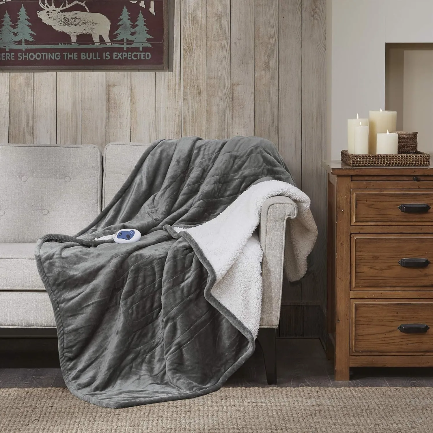 Woolrich Heated Plush to Berber Electric Blanket Throw Ultra Soft Knitted, Super Warm and Snuggly Cozy with Auto Shut Off and Multi Heat Level Setting Controllers, Throw: 60x70, Grey