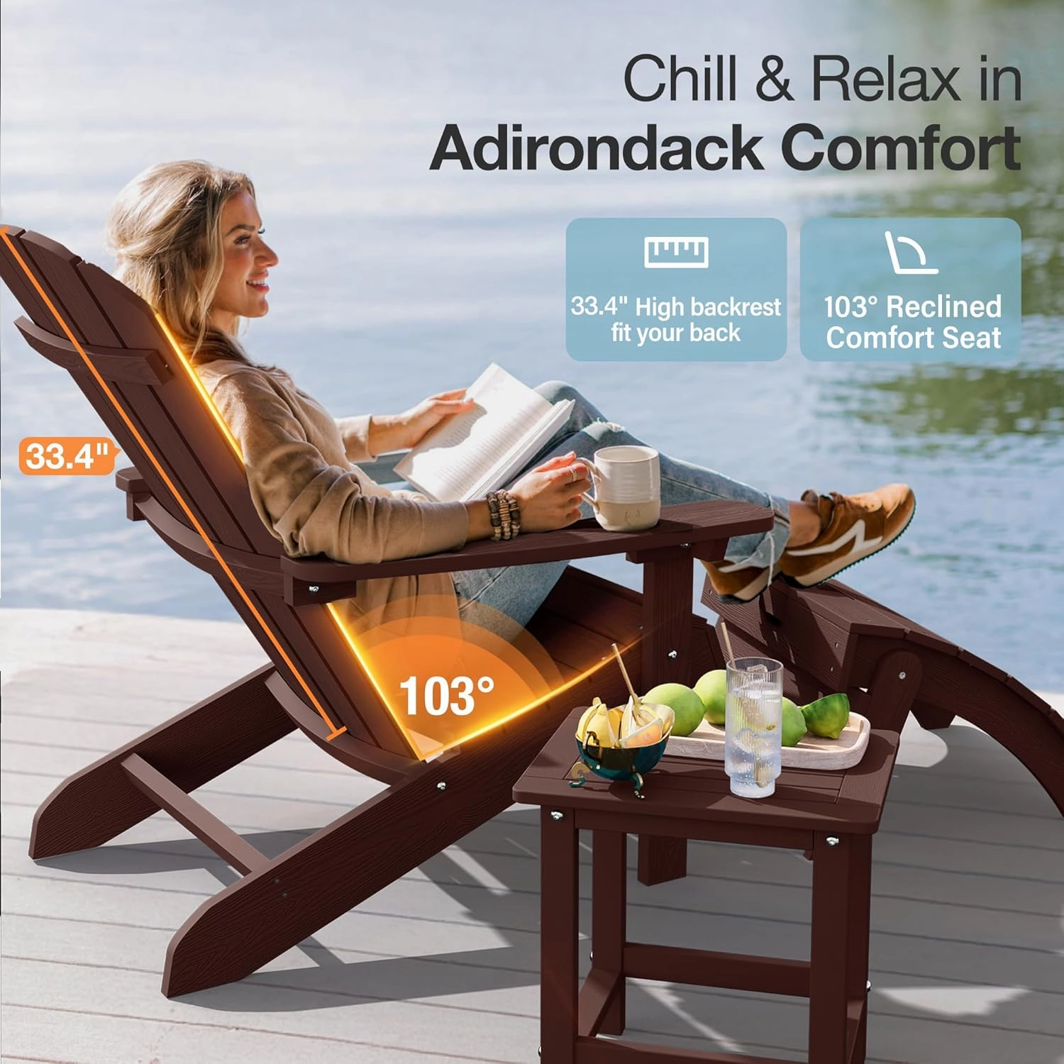 YEFU Plastic Adirondack Chairs Weather Resistant, Patio Chairs 5 Steps Easy Installation, Like Real Wood, Widely Used in Outdoor, Fire Pit, Deck, Lawn, Outside, Garden Chairs (Coffee)