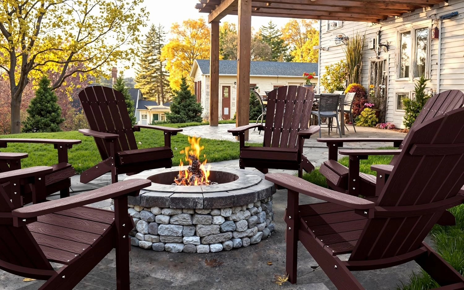 YEFU Plastic Adirondack Chairs Weather Resistant, Patio Chairs 5 Steps Easy Installation, Like Real Wood, Widely Used in Outdoor, Fire Pit, Deck, Lawn, Outside, Garden Chairs (Coffee)