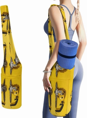 Yellow Two Chainsaws Printed Yoga Mat Bag Long Tote with Pockets for Your Yoga Accessories Exercise Yoga Mat Carrier Holder Multi-Functional Storage Bag Holds Most Pilates Mats