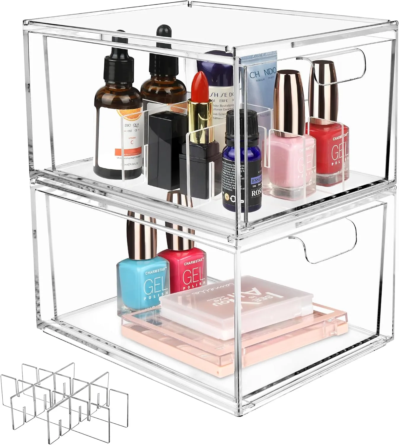 Yes!Fresh Drawer Organizer Stackable Cosmetic Desk Organizer with Removable Interior Partitions for Vanity Organization and Storage,Clear Bathroom Organizer (2)