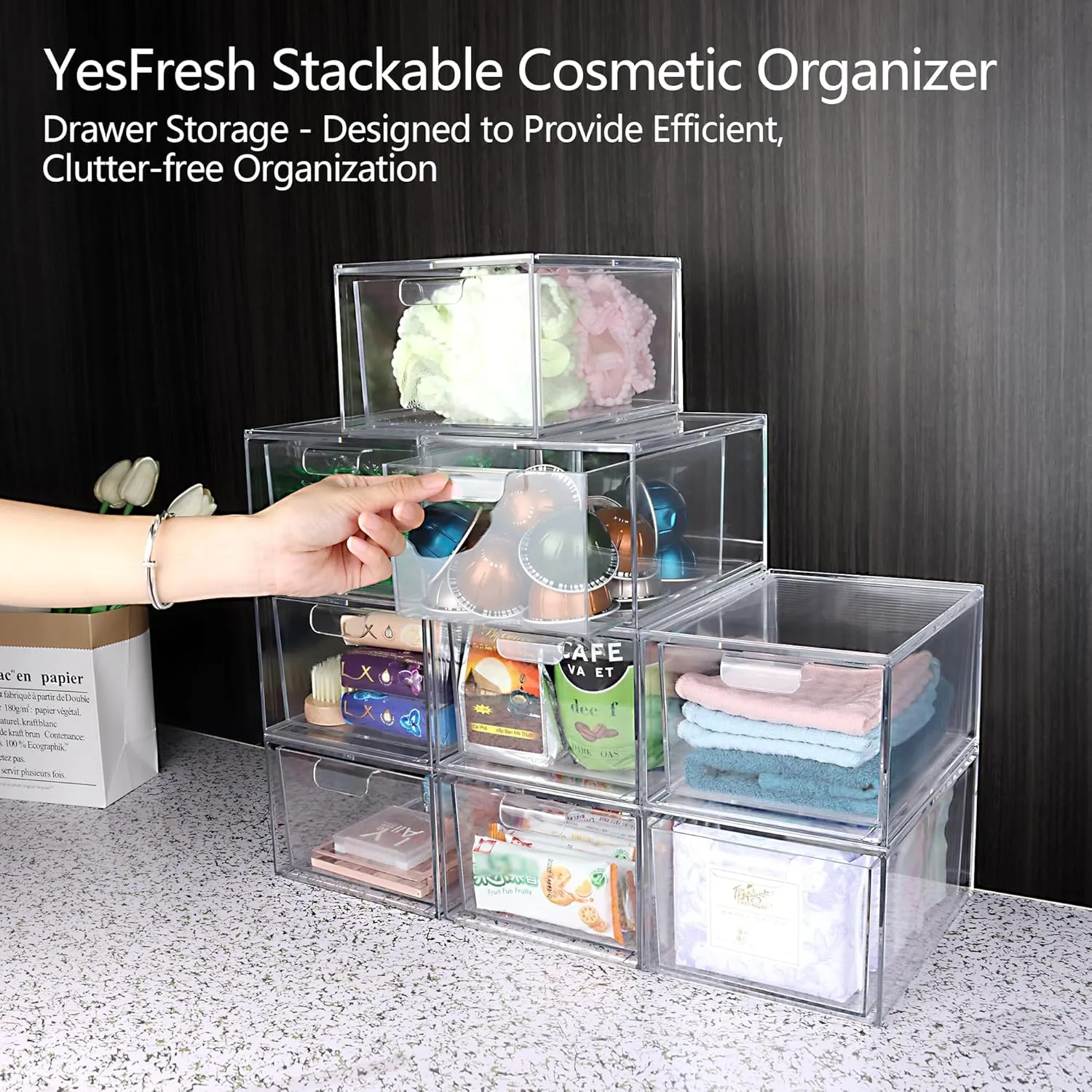Yes!Fresh Drawer Organizer Stackable Cosmetic Desk Organizer with Removable Interior Partitions for Vanity Organization and Storage,Clear Bathroom Organizer (2)