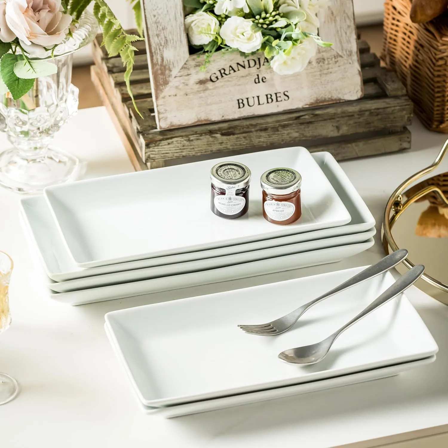 YHOSSEUN Porcelain Serving Platters Rectangular Trays White Serving Platters for Party, Stackable Serving Plates Set of 4,12 inch