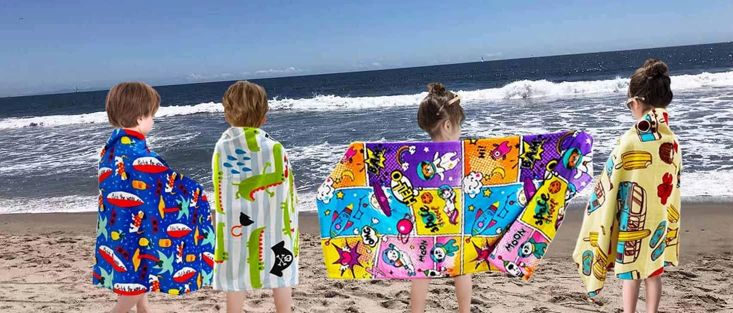 YIFONTIN Cozy Kids 4-Pack Ultra-Absorbent Quick-Dry Beach Towels for Kids | 100% Cotton 25.5x51.0 Inch, Soft Bath Towels with Fun Animal Fruit Designs for Travel & Swim Essentials.
