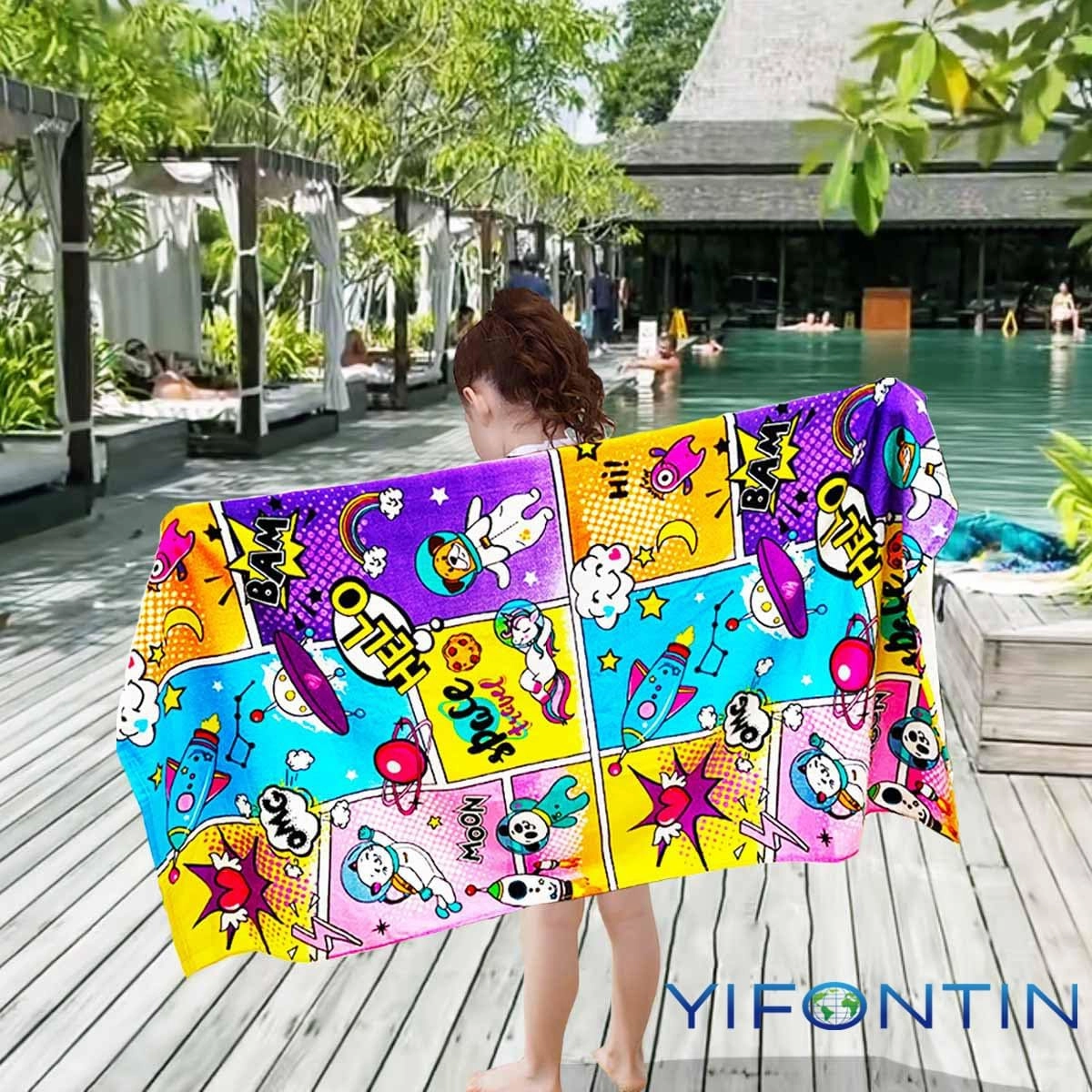 YIFONTIN Cozy Kids 4-Pack Ultra-Absorbent Quick-Dry Beach Towels for Kids | 100% Cotton 25.5x51.0 Inch, Soft Bath Towels with Fun Animal Fruit Designs for Travel & Swim Essentials.