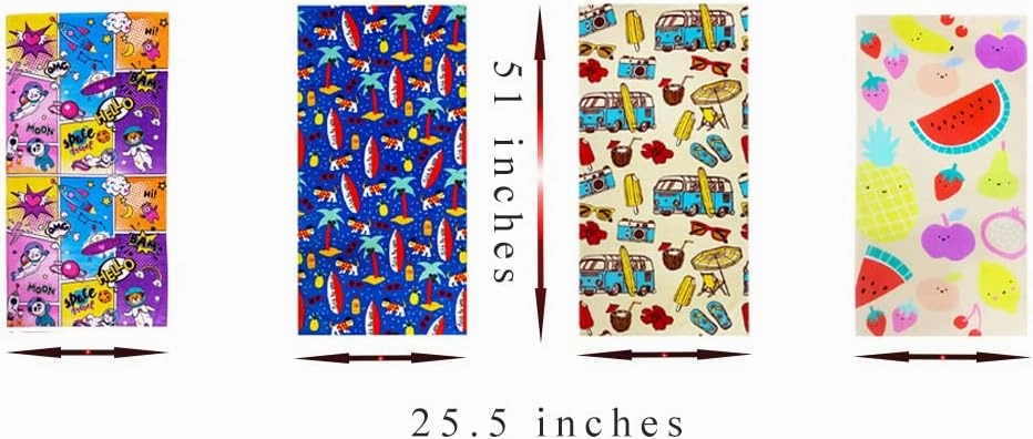 YIFONTIN Cozy Kids 4-Pack Ultra-Absorbent Quick-Dry Beach Towels for Kids | 100% Cotton 25.5x51.0 Inch, Soft Bath Towels with Fun Animal Fruit Designs for Travel & Swim Essentials.