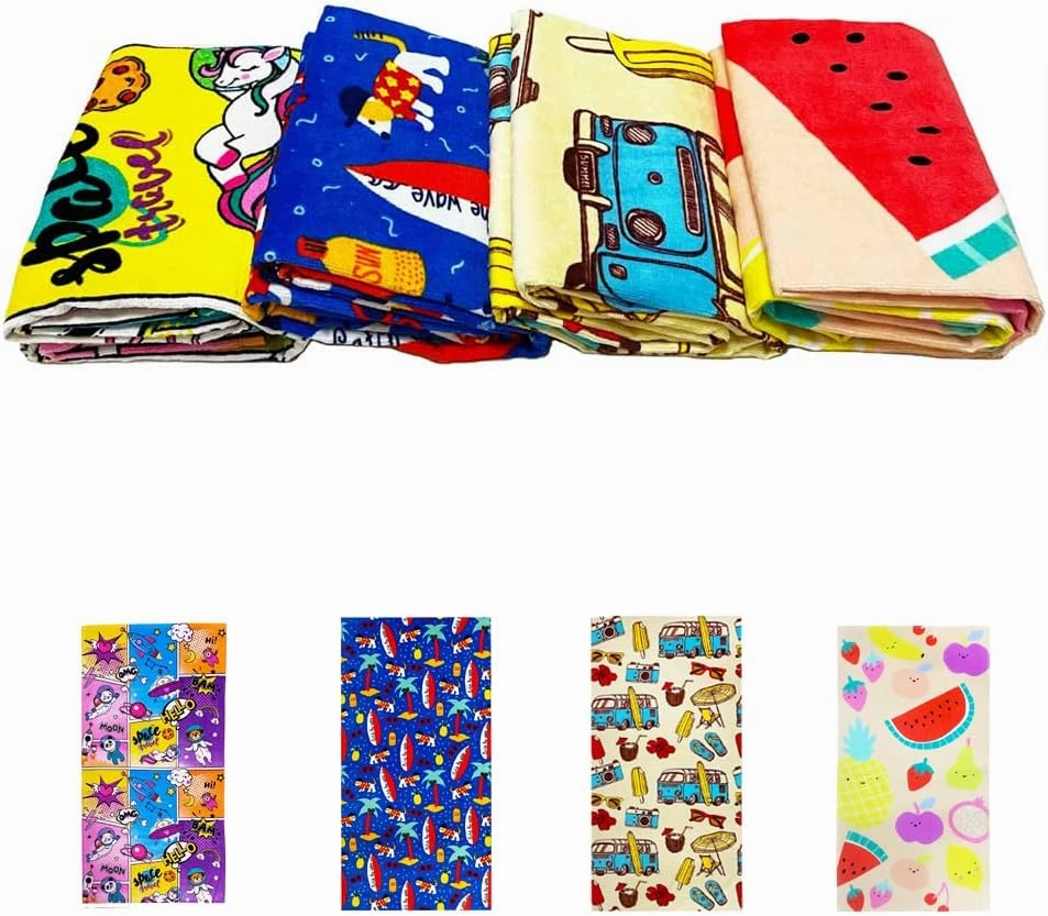 YIFONTIN Cozy Kids 4-Pack Ultra-Absorbent Quick-Dry Beach Towels for Kids | 100% Cotton 25.5x51.0 Inch, Soft Bath Towels with Fun Animal Fruit Designs for Travel & Swim Essentials.