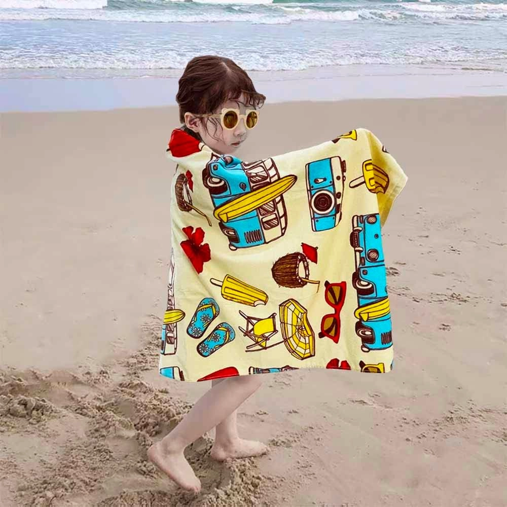 YIFONTIN Cozy Kids 4-Pack Ultra-Absorbent Quick-Dry Beach Towels for Kids | 100% Cotton 25.5x51.0 Inch, Soft Bath Towels with Fun Animal Fruit Designs for Travel & Swim Essentials.