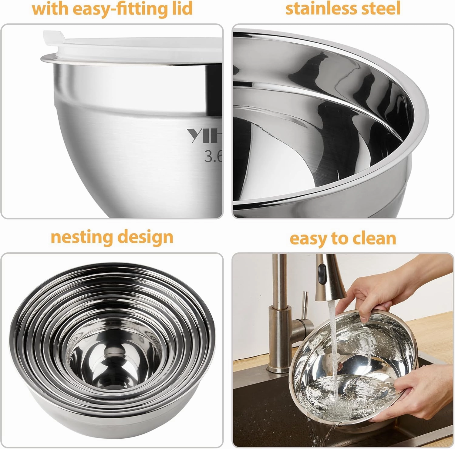YIHONG 7 Piece Metal Mixing Bowls with Lids for Kitchen, Stainless Steel Set Ideal for Baking, Prepping, Cooking and Serving Food, Nesting Design for Space Saving Storage(White)