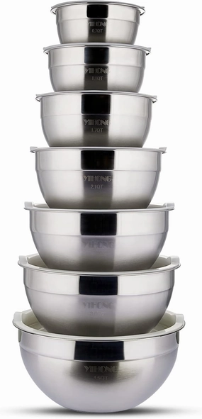 YIHONG 7 Piece Metal Mixing Bowls with Lids for Kitchen, Stainless Steel Set Ideal for Baking, Prepping, Cooking and Serving Food, Nesting Design for Space Saving Storage(White)