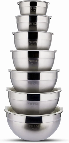 YIHONG 7 Piece Metal Mixing Bowls with Lids for Kitchen, Stainless Steel Set Ideal for Baking, Prepping, Cooking and Serving Food, Nesting Design for Space Saving Storage(White)