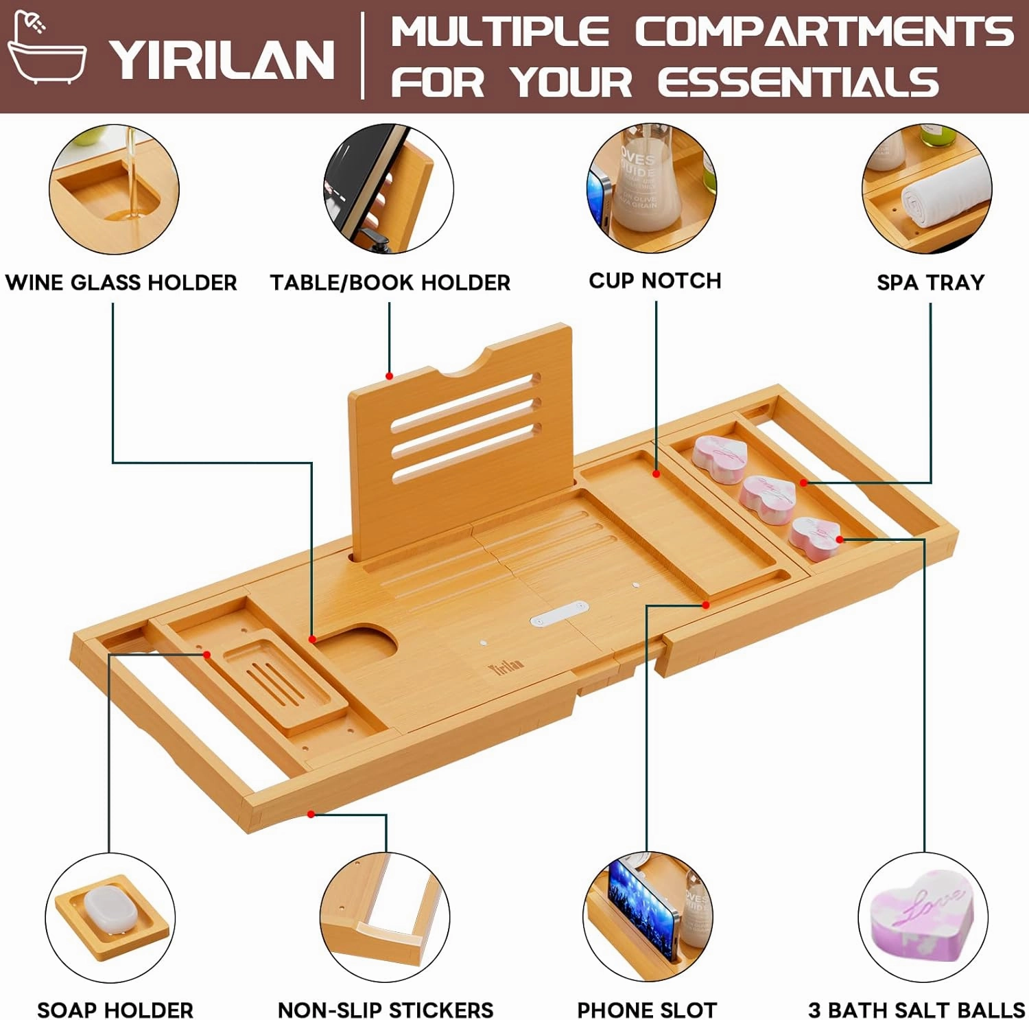 Yirilan Lux Expandable Bathtub Tray Caddy with 3 Bath Bombs-Self Care and Relaxation Birthday Gifts for Women and Men, Housewarming Gift Idea, for Mom Sister Daughter Wife