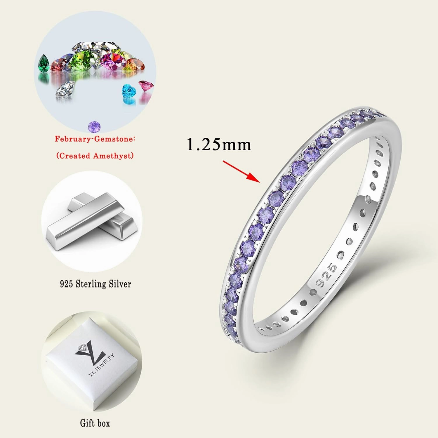 YL Women's Stackable Ring 925 Sterling Silver Eternity Bands Birthstone Stacking Rings