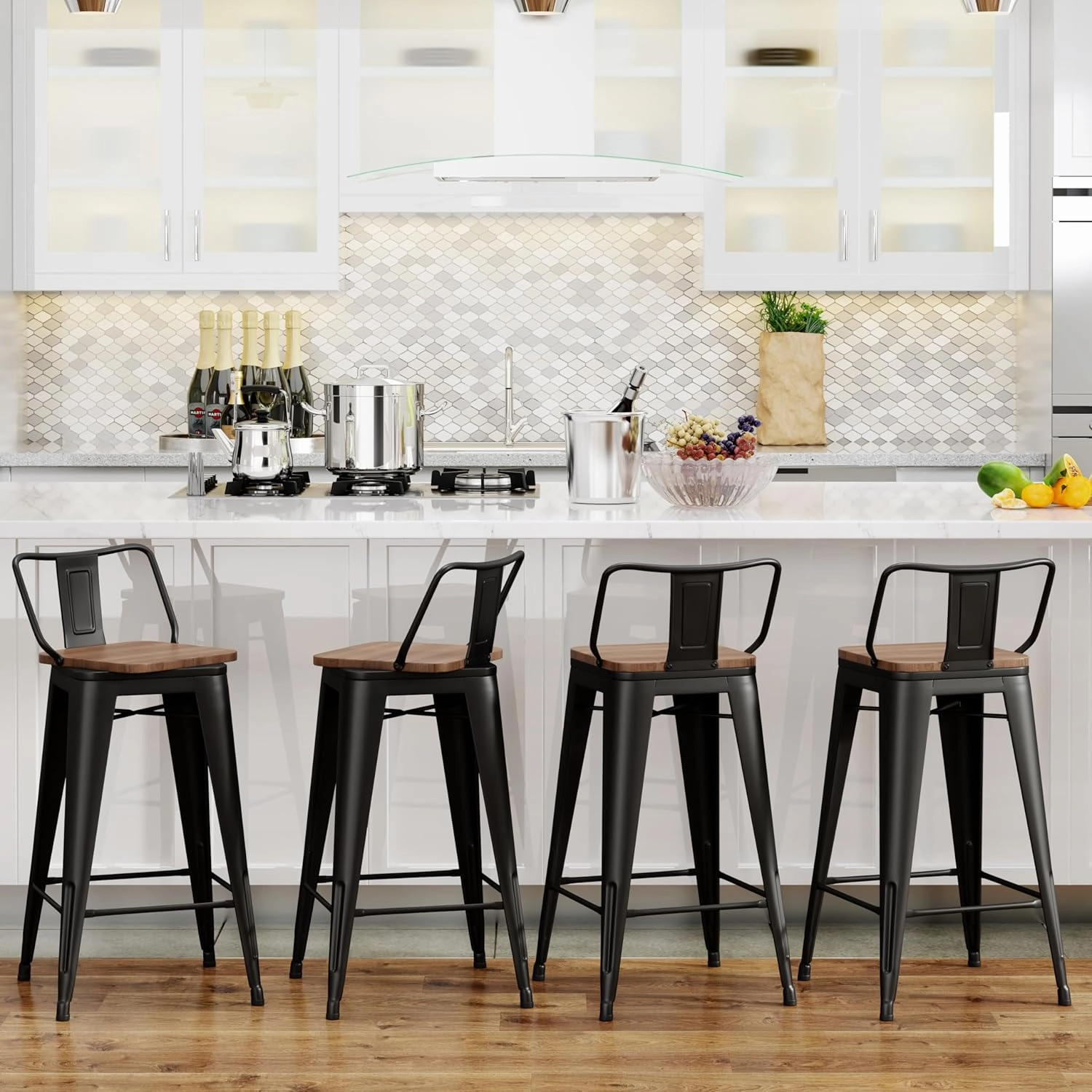 Yongchuang 24" Swivel Bar Stools Set of 4 Counter Height Stools with Backs Industrial Black Metal Barstools Bar Chairs with Wood Seat