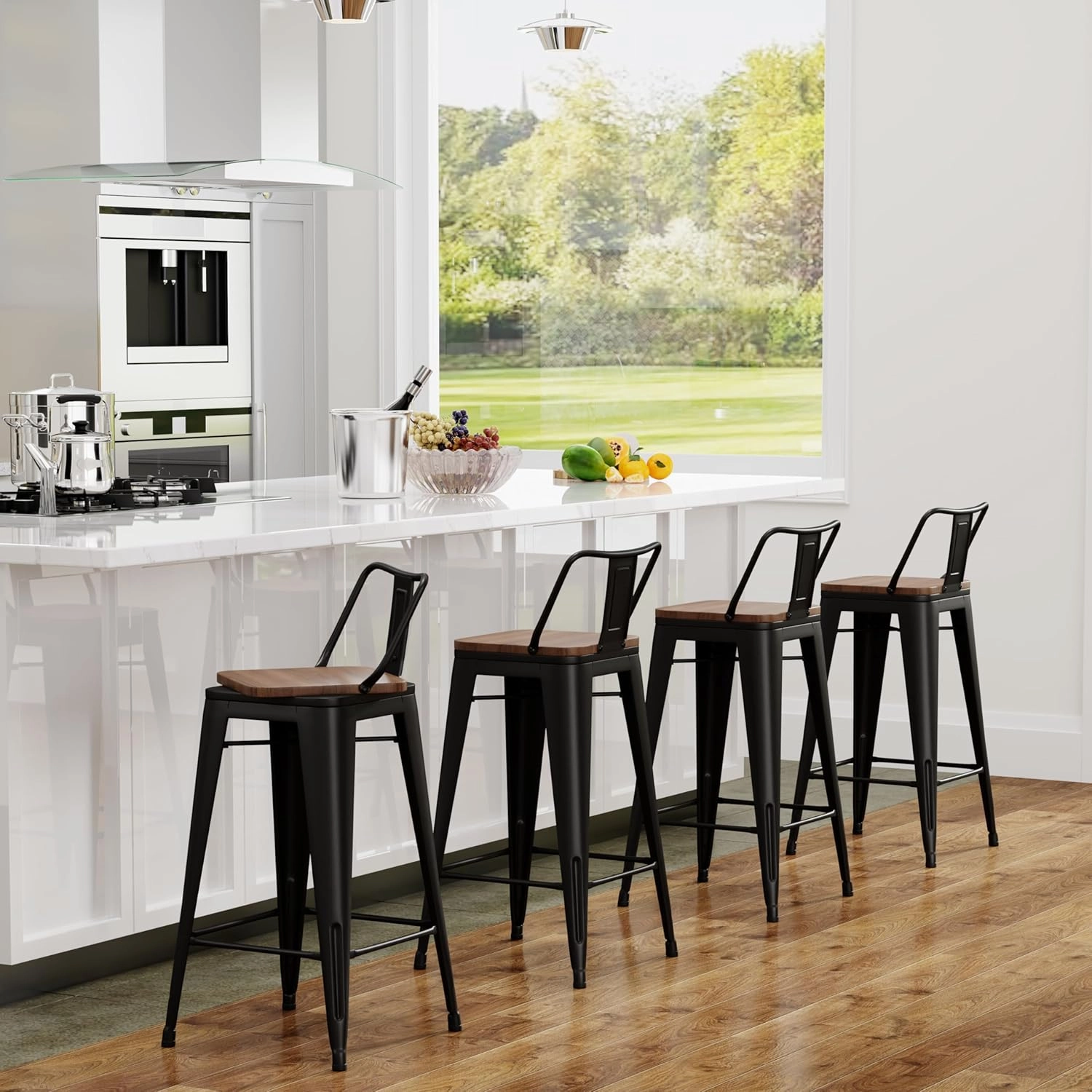 Yongchuang 24" Swivel Bar Stools Set of 4 Counter Height Stools with Backs Industrial Black Metal Barstools Bar Chairs with Wood Seat