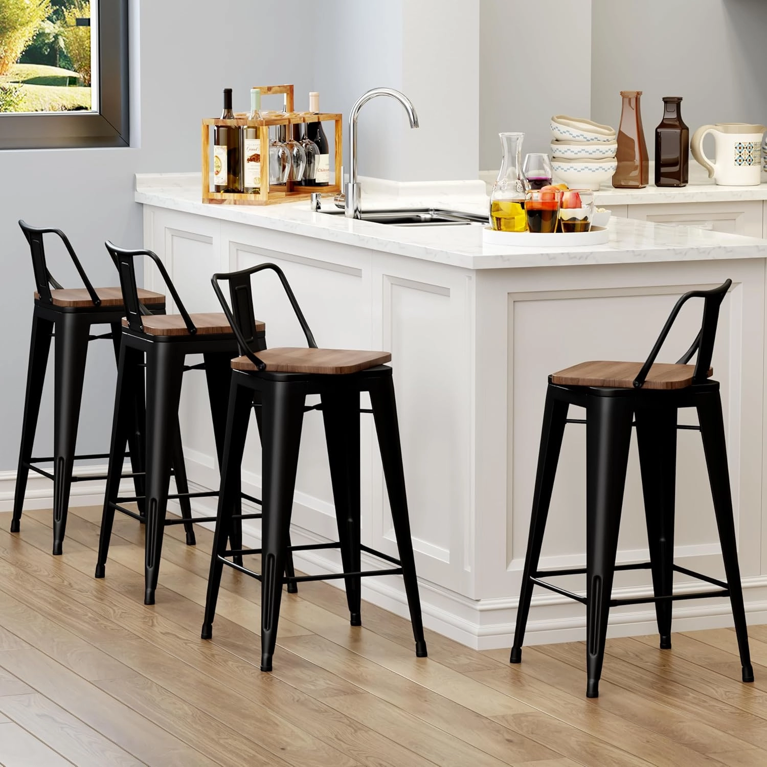 Yongchuang 24" Swivel Bar Stools Set of 4 Counter Height Stools with Backs Industrial Black Metal Barstools Bar Chairs with Wood Seat