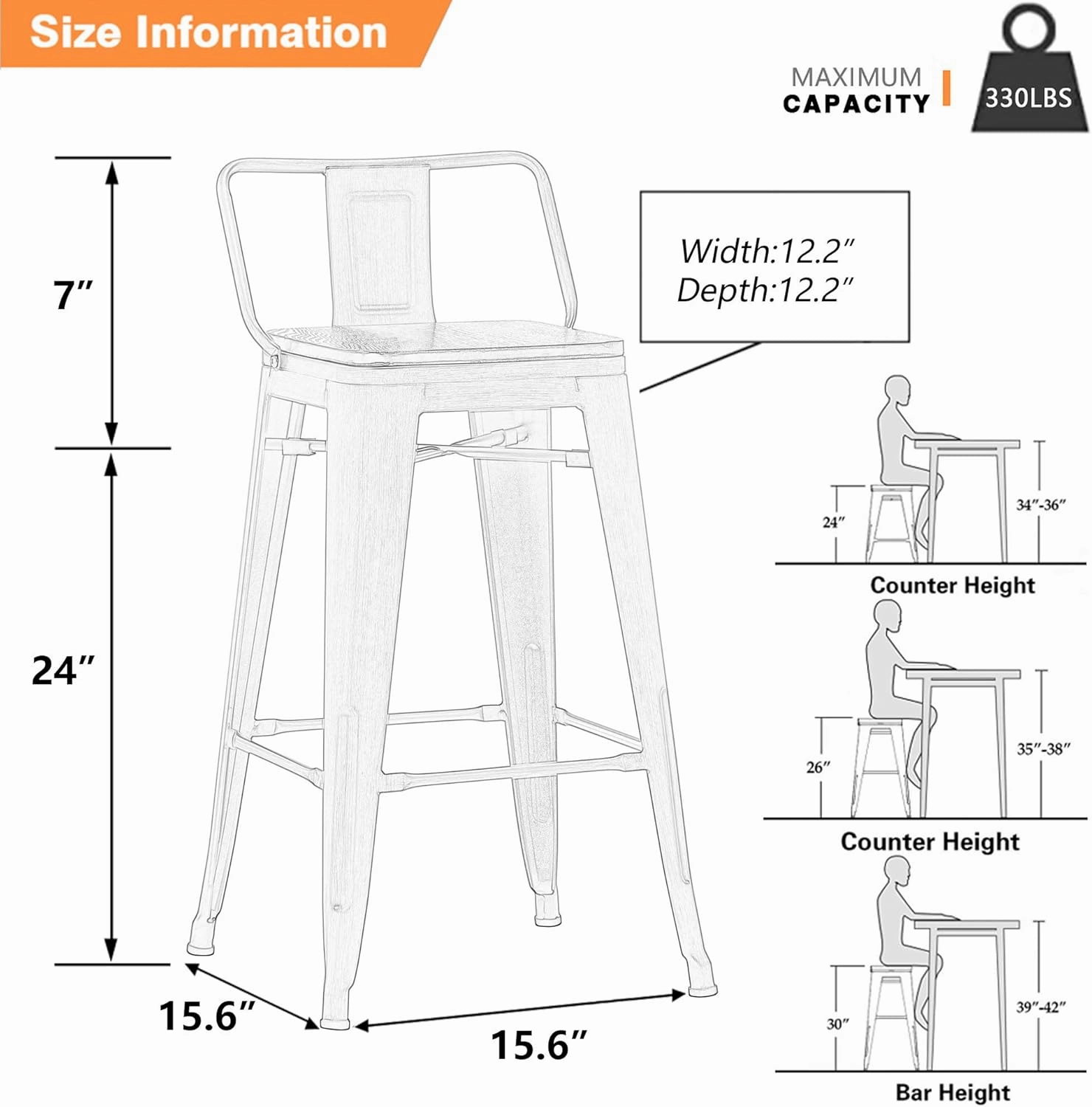 Yongchuang 24" Swivel Bar Stools Set of 4 Counter Height Stools with Backs Industrial Black Metal Barstools Bar Chairs with Wood Seat