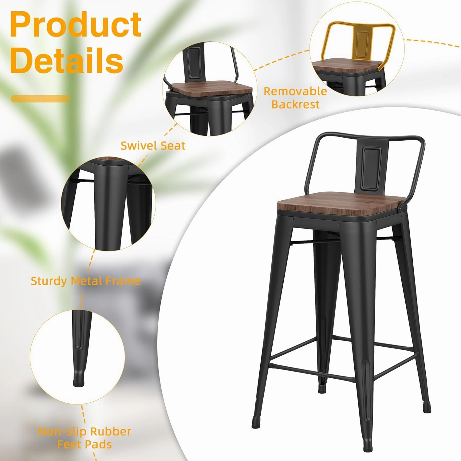 Yongchuang 24" Swivel Bar Stools Set of 4 Counter Height Stools with Backs Industrial Black Metal Barstools Bar Chairs with Wood Seat