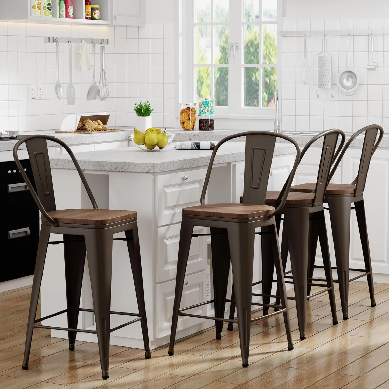 Yongqiang 26 inch Bar Stools Set of 4 Kitchen Counter Height Bar Chairs High Back Metal Barstools with Large Wooden Seat Industrial Rusty