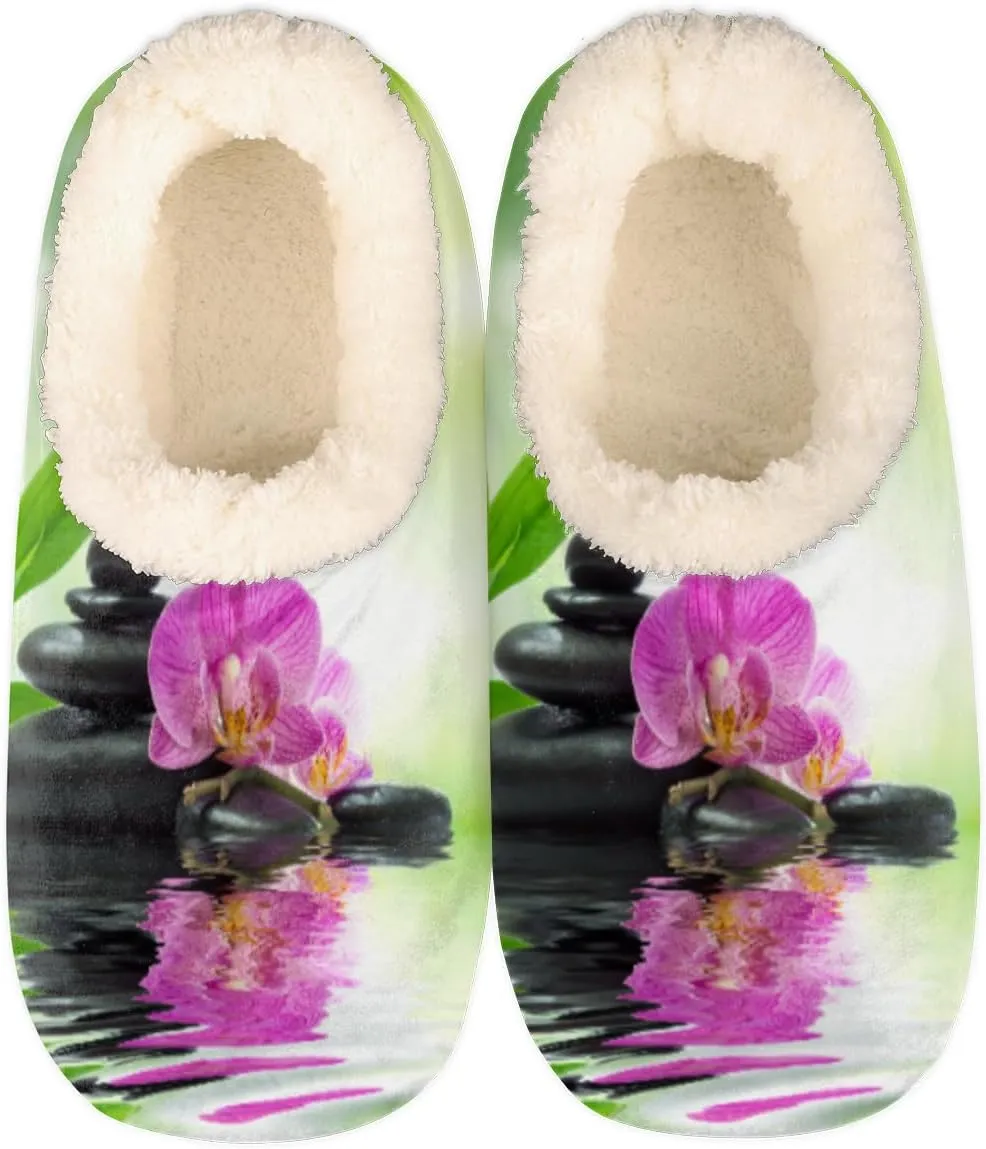 Yzrwebo Japanese Zen Slippers for Women Men Stone Bamboo Orchid Indoor Non-Slip Slippers Socks Warm Comfy Soft House Slippers Bedroom Fuzzy Plush Lined House Shoes