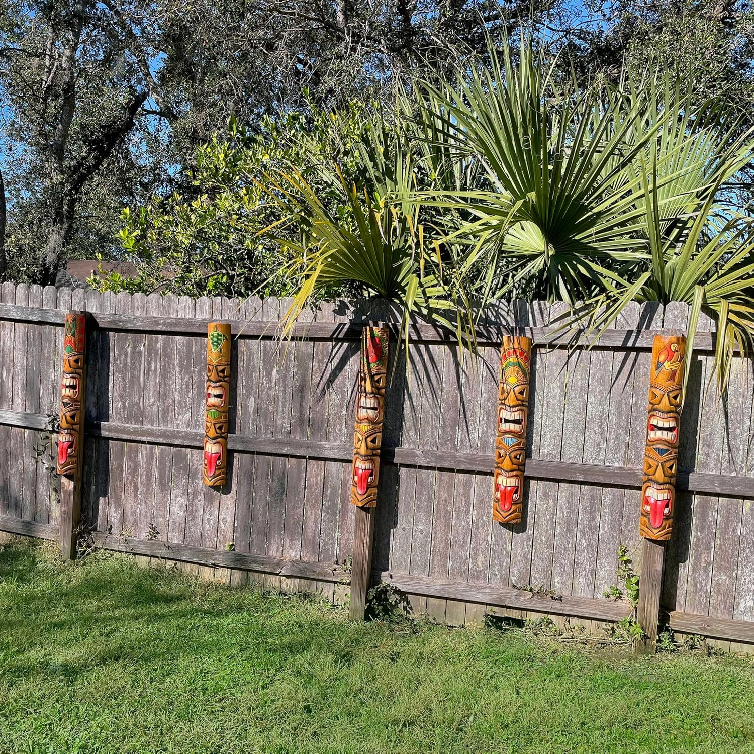 Zeckos Set of 5 Exquisite Hand-Carved Double Tiki Mask Totem Wall Sculptures, 40 Inches Tall, Crafted from Sustainable Wood, Vibrant Tropical Artistry for Indoors and Outdoors