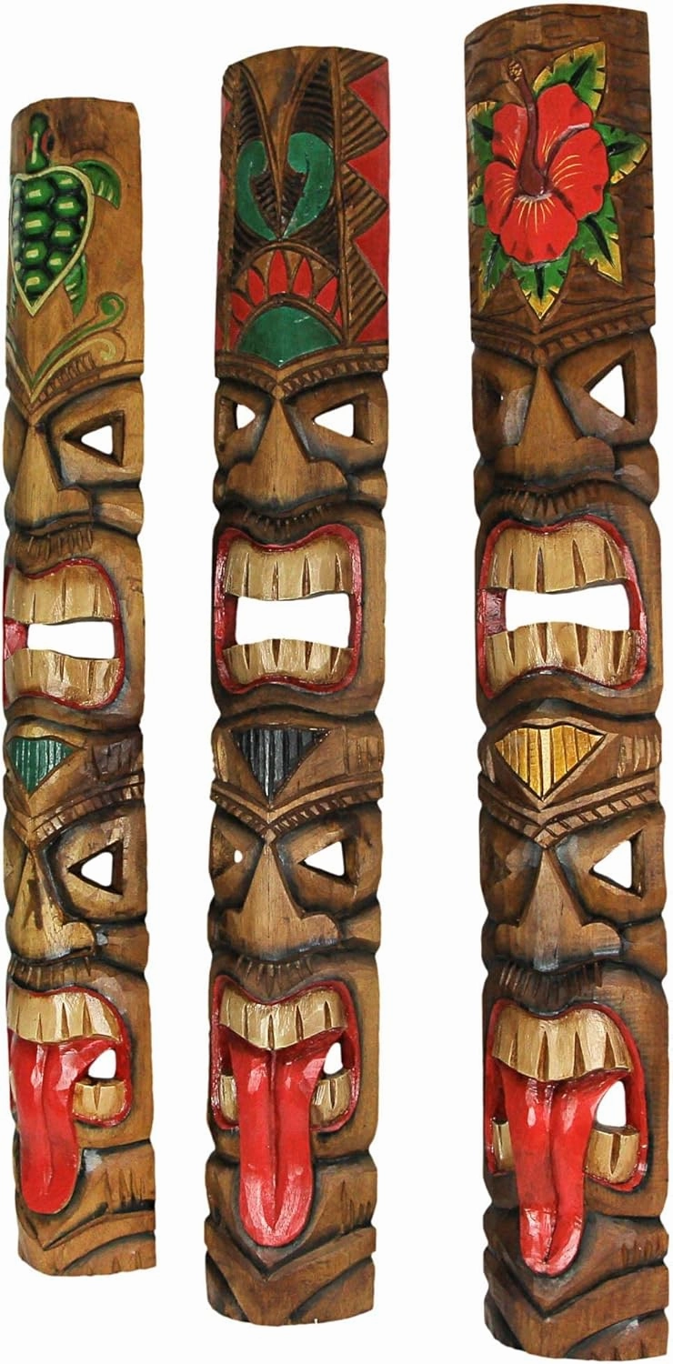 Zeckos Set of 5 Exquisite Hand-Carved Double Tiki Mask Totem Wall Sculptures, 40 Inches Tall, Crafted from Sustainable Wood, Vibrant Tropical Artistry for Indoors and Outdoors