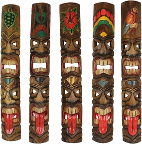 Zeckos Set of 5 Exquisite Hand-Carved Double Tiki Mask Totem Wall Sculptures, 40 Inches Tall, Crafted from Sustainable Wood, Vibrant Tropical Artistry for Indoors and Outdoors