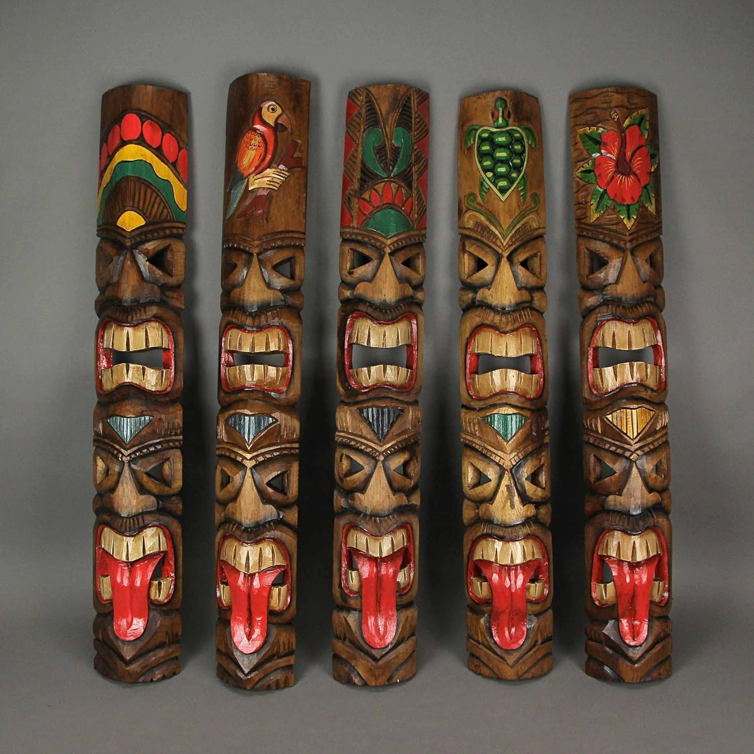 Zeckos Set of 5 Exquisite Hand-Carved Double Tiki Mask Totem Wall Sculptures, 40 Inches Tall, Crafted from Sustainable Wood, Vibrant Tropical Artistry for Indoors and Outdoors